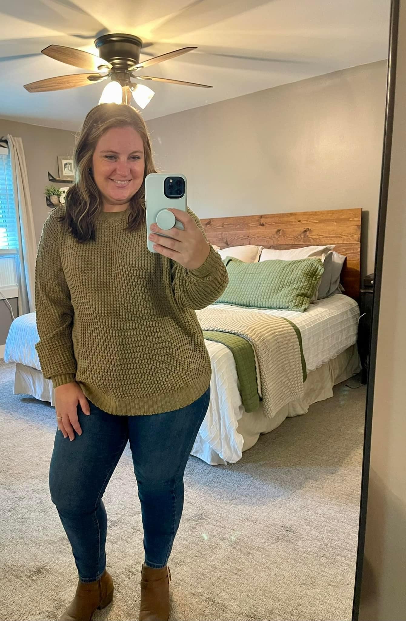 Plus Hi-Low Long Sleeve Round Neck Waffle Sweater
