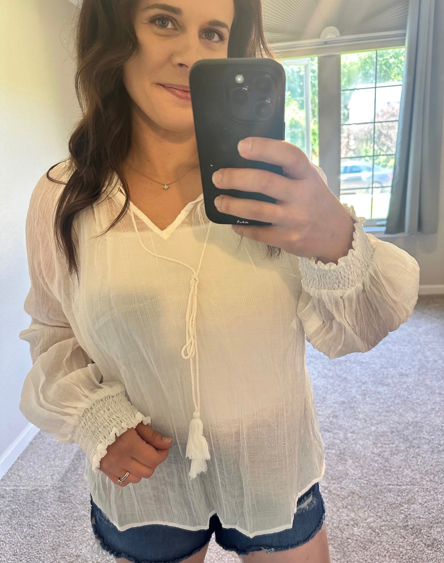Split Neck Smocked Cuffs Bishop Sleeve Blouse