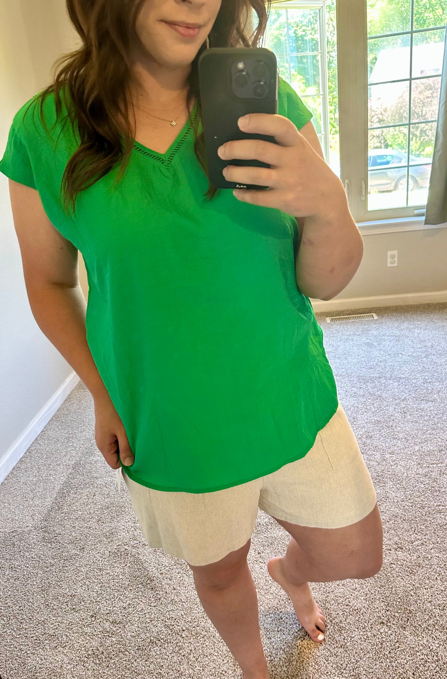 Flowy Textured Short Sleeve V Neck Blouse