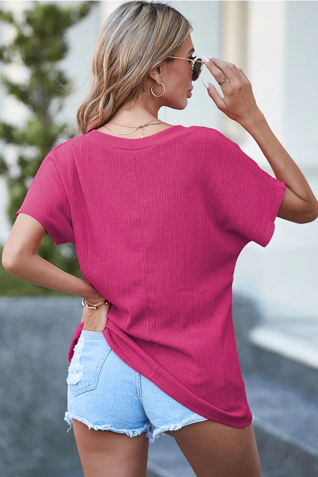 Crinkled V Neck Wide Sleeve T-Shirt