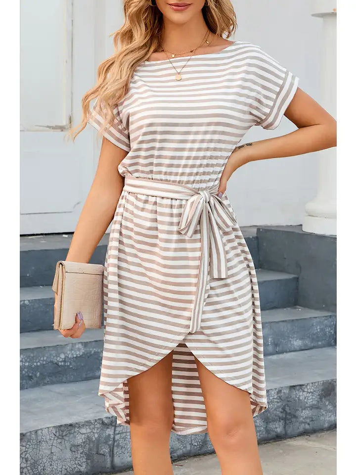 Stripe Short Sleeve Belted Wrapped Hemline T-Shirt Dress