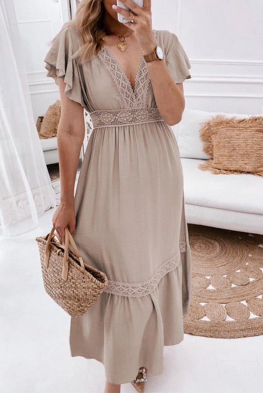 Lace V Neck Ruffled Sleeve Empire Waist Dress