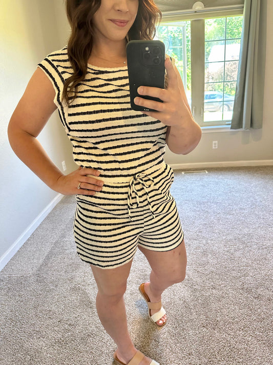 Black and White Striped Romper with Pockets